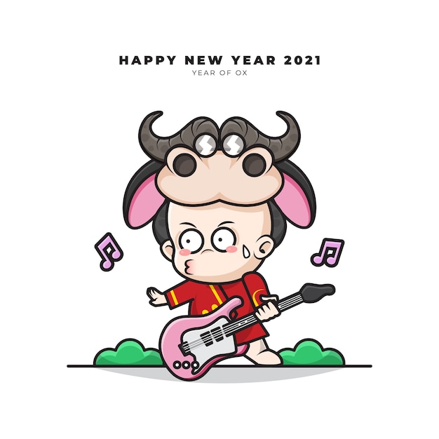 去勢牛の衣装を着た中国の赤ちゃんのかわいい漫画のキャラクターはギターを弾いていて、新年あけましておめでとうございます