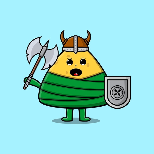 Cute cartoon character Chinese rice dumpling viking pirate with hat and holding ax and shield