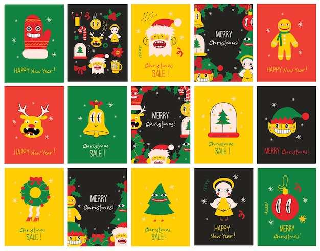 Cute cartoon character and christmas elements seamless pattern Merry Christmas and Happy New Year 2023 Vector trendy abstract illustrations for holiday wallpaper fabric