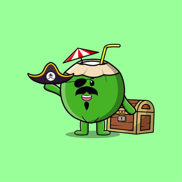 Cute cartoon character coconut pirate with treasure box in modern style design