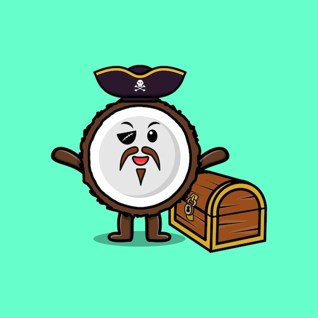 Cute cartoon character Coconut pirate with treasure box in modern style design