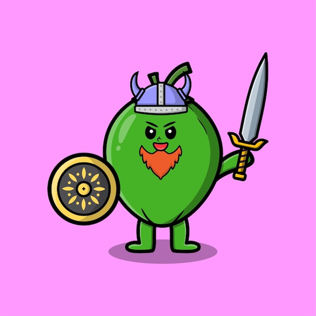 Cute cartoon character Coconut viking pirate with hat and holding sword and shield in cute modern