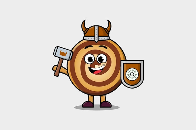 Cute cartoon character Cookies viking pirate with hat and holding hammer and shield