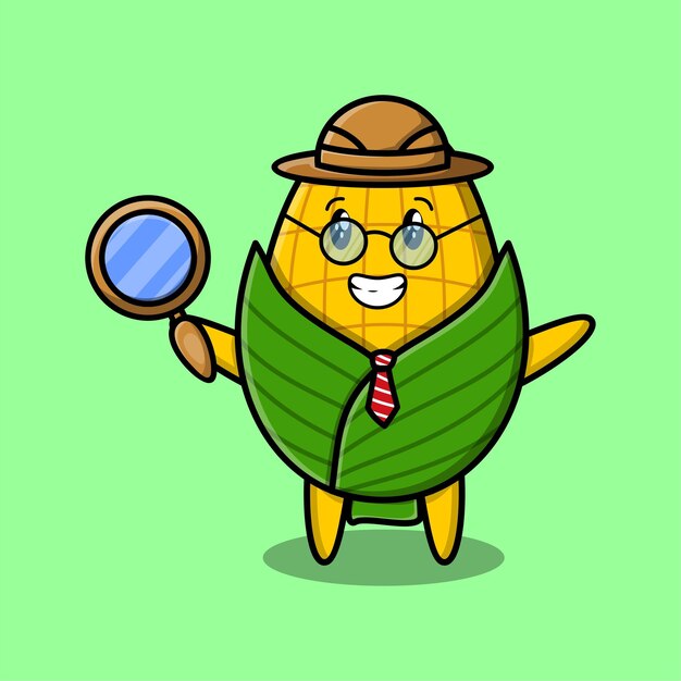 Cute cartoon character corn detective is searching with magnifying glass and cute style design