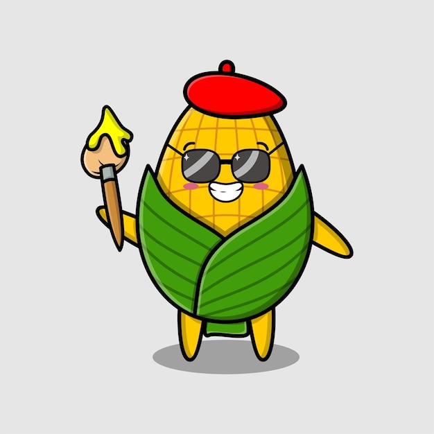 Cute cartoon character Corn painter with hat and a brush to draw in cute design style design