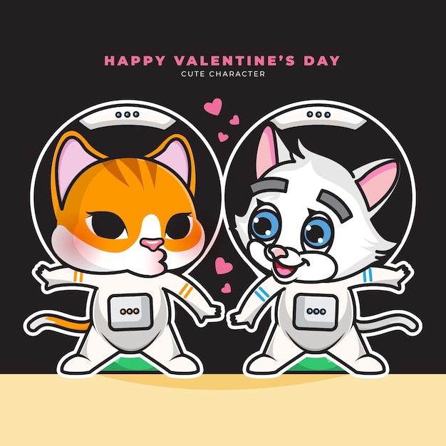 Cute cartoon character of couple astronaut cupid cat and happy valentines day