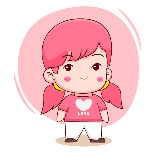 귀여운 빨간 머리 소녀의 귀여운 만화 캐릭터 손으로 그린 스타일 플랫 캐릭터 고립 된 배경