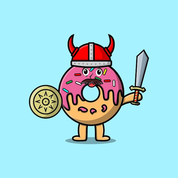 Cute cartoon character Donuts viking pirate with hat and holding sword and shield