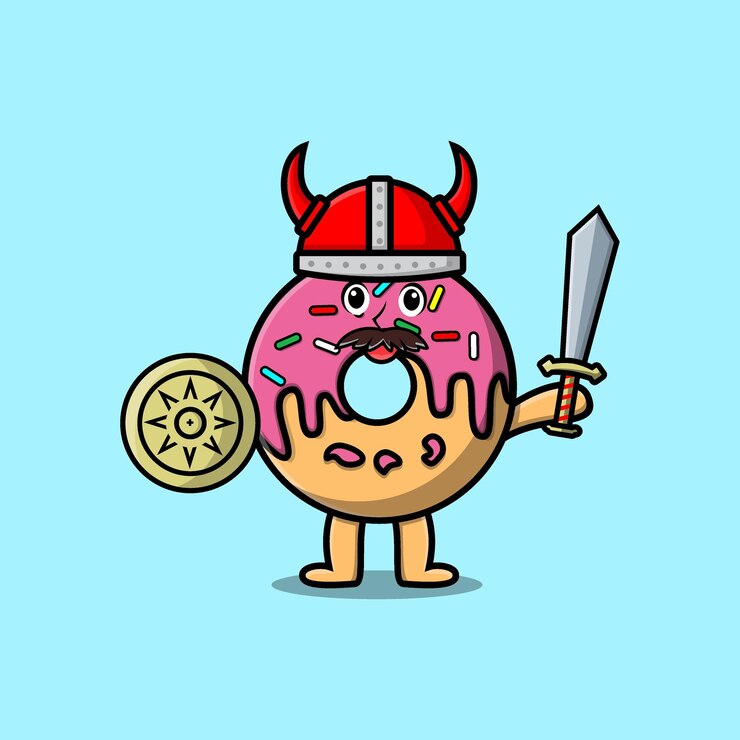 Vector cute cartoon character donuts viking pirate with hat and holding sword and shield
