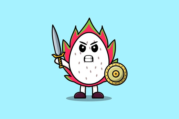 Cute cartoon character dragon fruit holding sword and shield in modern style design