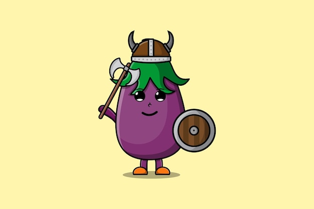 Cute cartoon character eggplant viking pirate with hat and holding ax and shield