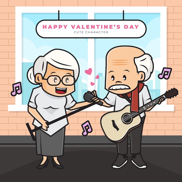 Cute cartoon character of elderly couple singing and playing guitar and happy valentine's greetings