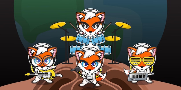 Симпатичный мультяшный персонаж лисы-космонавта играет музыку в музыкальной группе