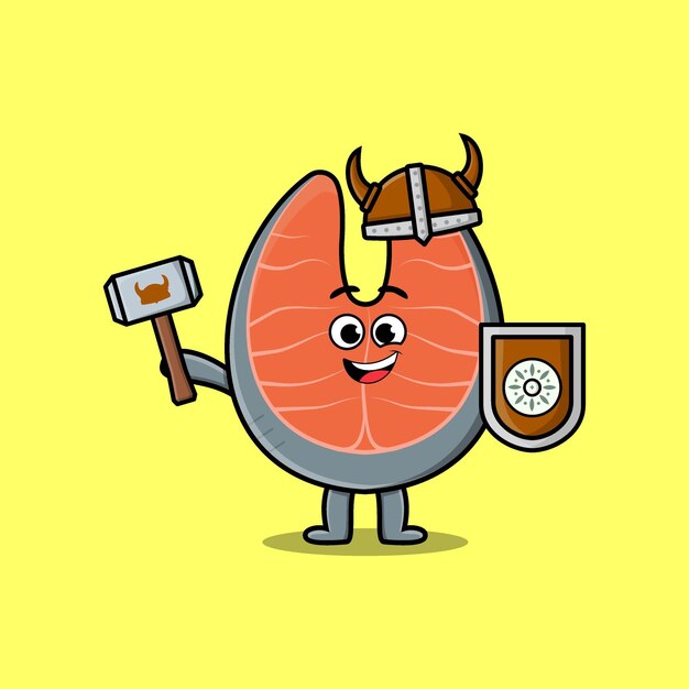 Cute cartoon character Fresh salmon viking pirate with hat and holding hammer and shield