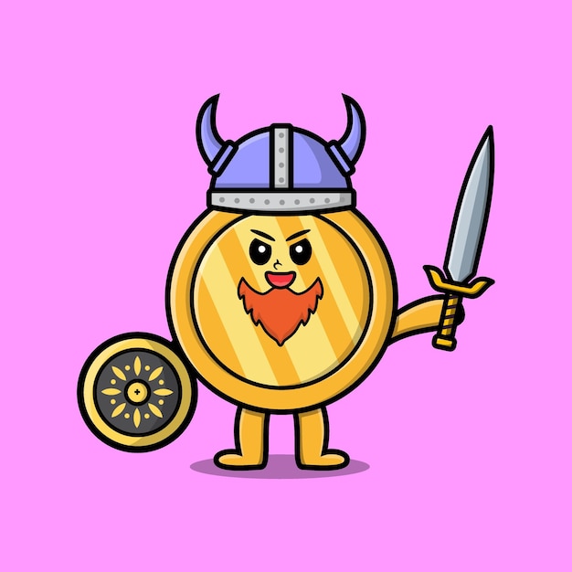 Cute cartoon character Gold coin viking pirate with hat and holding sword and shield