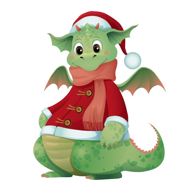 Vector cute cartoon character green baby dragon in winter wear