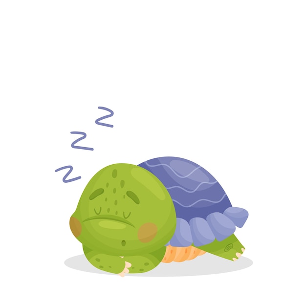 Cute cartoon character a green turtle is sleeping emits snoring symbols zzz