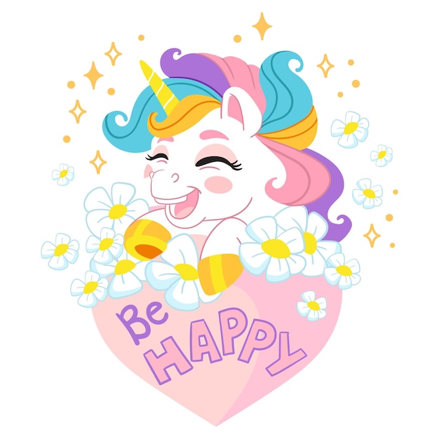 Unicorno felice simpatico personaggio dei cartoni animati con cuore rosa e fiori illustrazione vettoriale isolato su sfondo bianco unicorno magico per la stampa design poster adesivo carta decorazione bambini vestiti