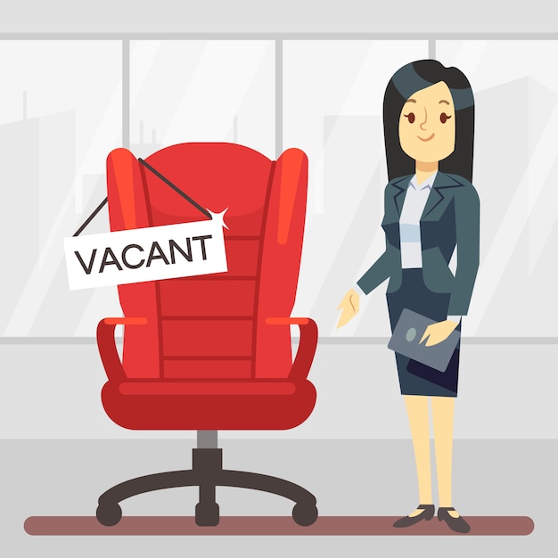 Cute cartoon character HR manager and empty boss chair