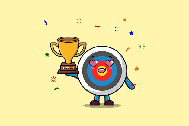 Vector cute cartoon character illustration of archery target is holding up the golden trophy illustration