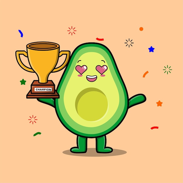 Cute Cartoon character illustration of avocado is holding up the golden trophy