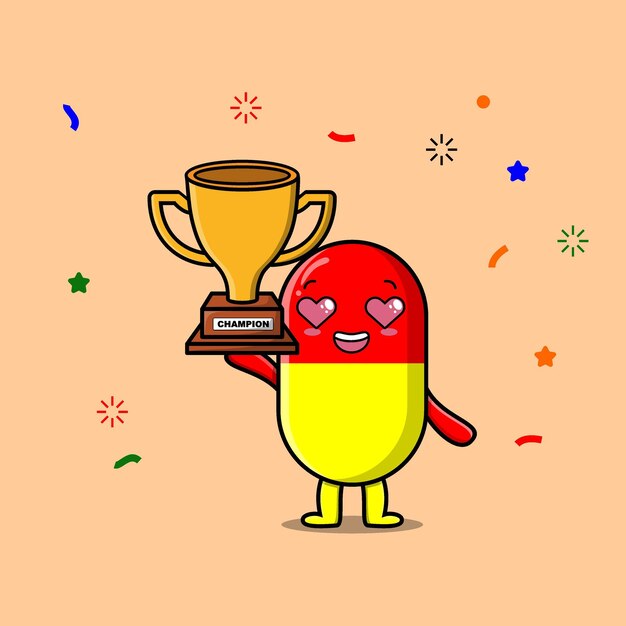 Vector cute cartoon character illustration of capsule medicine is holding up the golden trophy with happy g