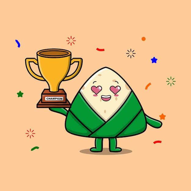 Cute Cartoon character illustration of chinese rice dumpling is holding up the golden trophy