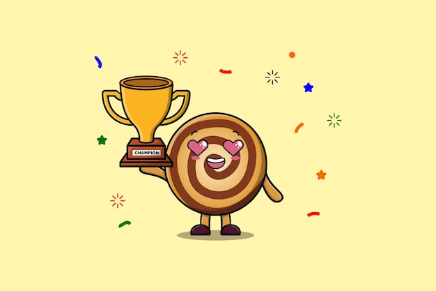 Cute cartoon character illustration of cookies is holding up the golden trophy in illustration