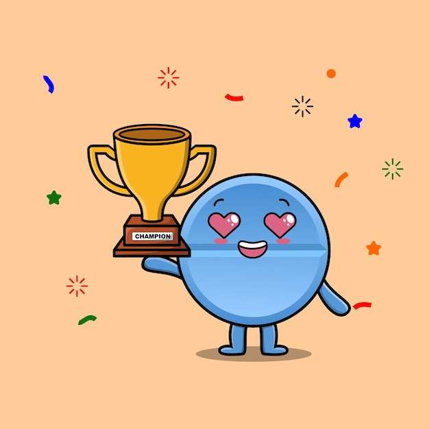 Vector cute cartoon character illustration of pill medicine is holding up the golden trophy