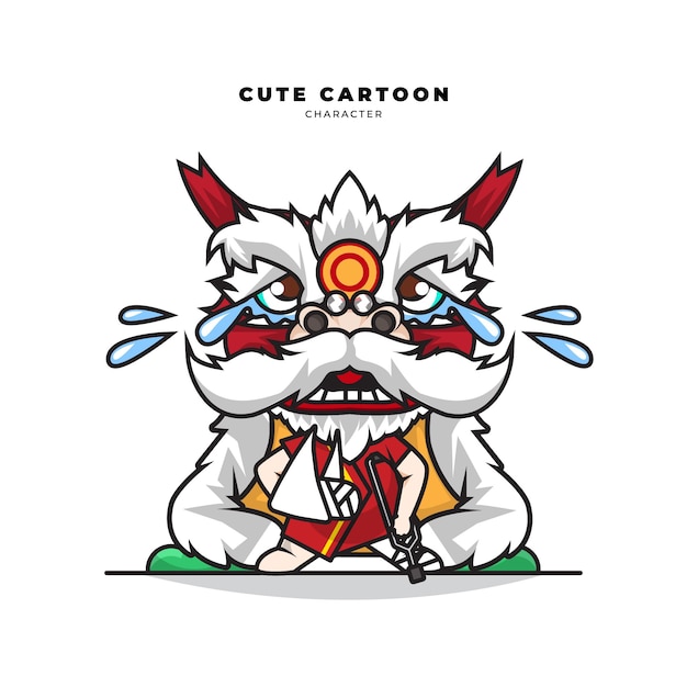 Cute cartoon character of the lion dance is crying in pain from fractured arms and legs