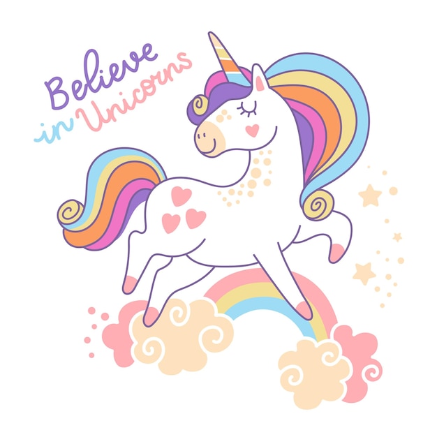 Cute cartoon character magic unicorn with a rainbow