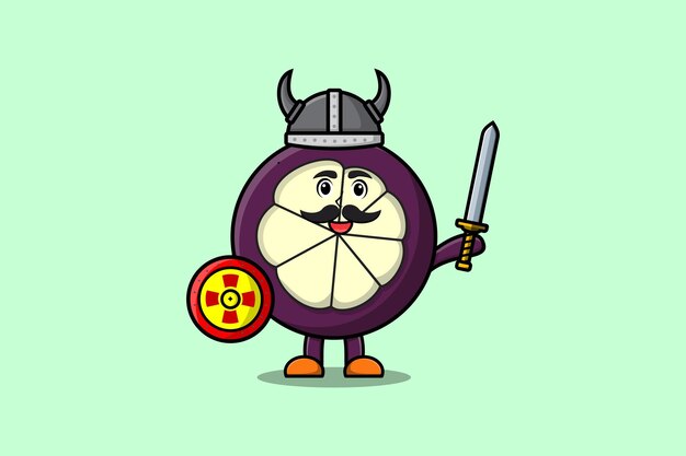 Cute cartoon character Mangosteen viking pirate with hat and holding sword and shield illustration