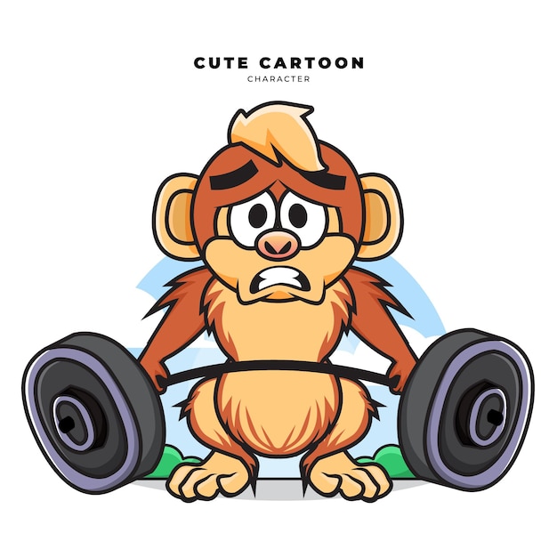 Vector cute cartoon character of monkey is lifting a barbell