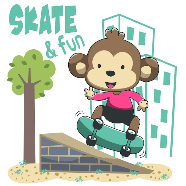 귀여운 만화 캐릭터 원숭이 스케이터 스케이트보드에 귀여운 사자가 있는 벡터 프린트