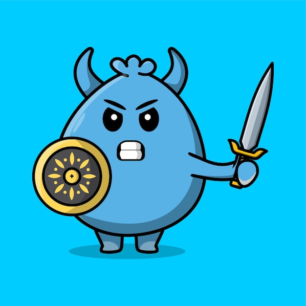 Cute cartoon character of monster goblin is holding up the shield and sword with happy gesture