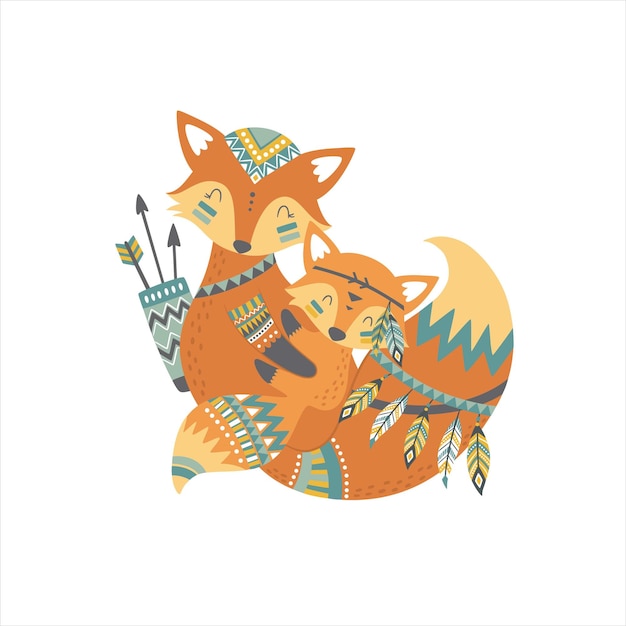 Vector cute cartoon character mother fox and baby.