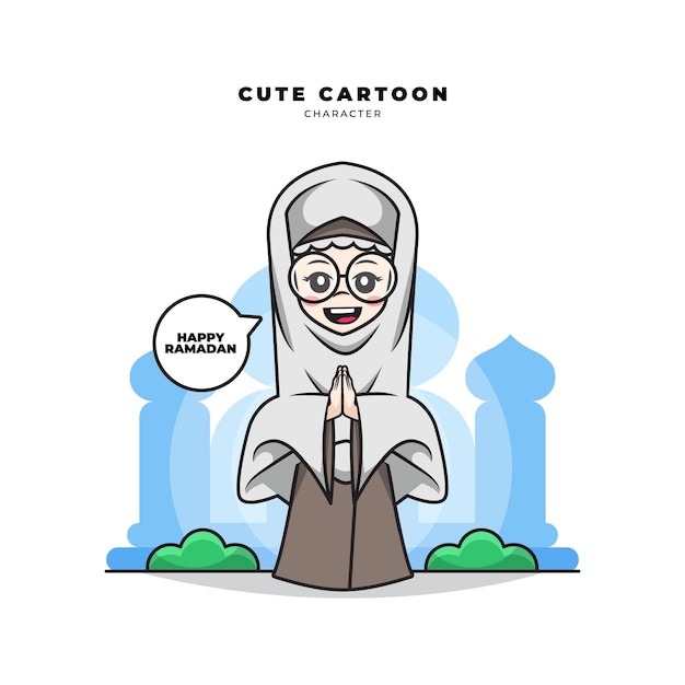 Vector cute cartoon character of muslim women say happy ramadan