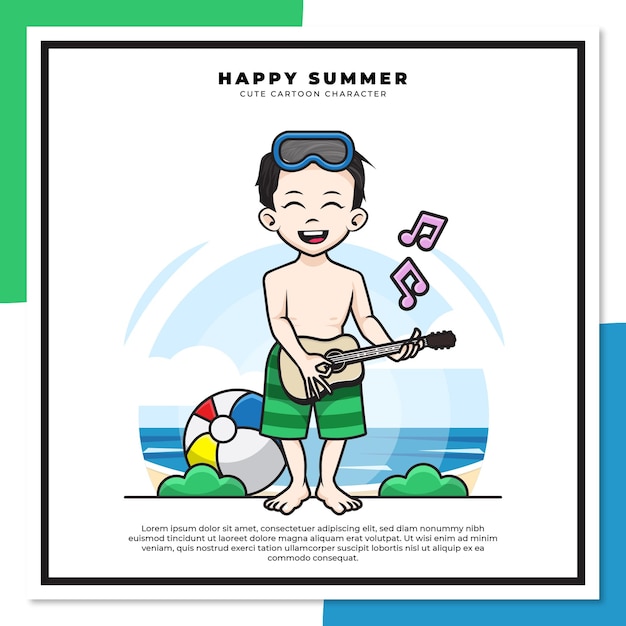 소년의 귀여운 만화 캐릭터는 행복한 여름 인사와 함께 해변에서 기타 우쿨렐레를 연주