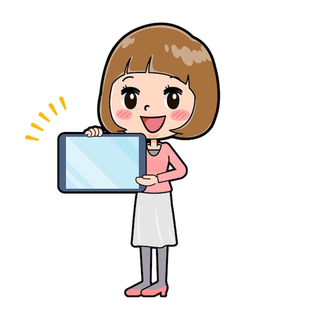 タブレットプレゼンテーションのジェスチャーで若い女性のかわいい漫画のキャラクター。