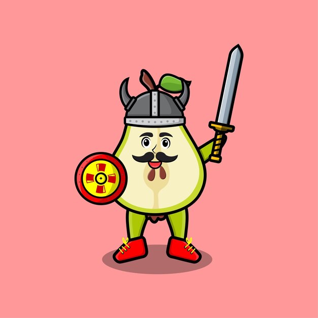 Cute cartoon character Pear fruit viking pirate with hat and holding sword and shield