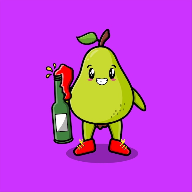 Cute cartoon character pear fruit with soda bottle in modern cute style design