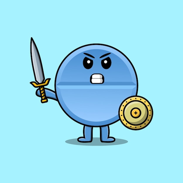 Cute cartoon character Pill medicine holding sword and shield in modern style design