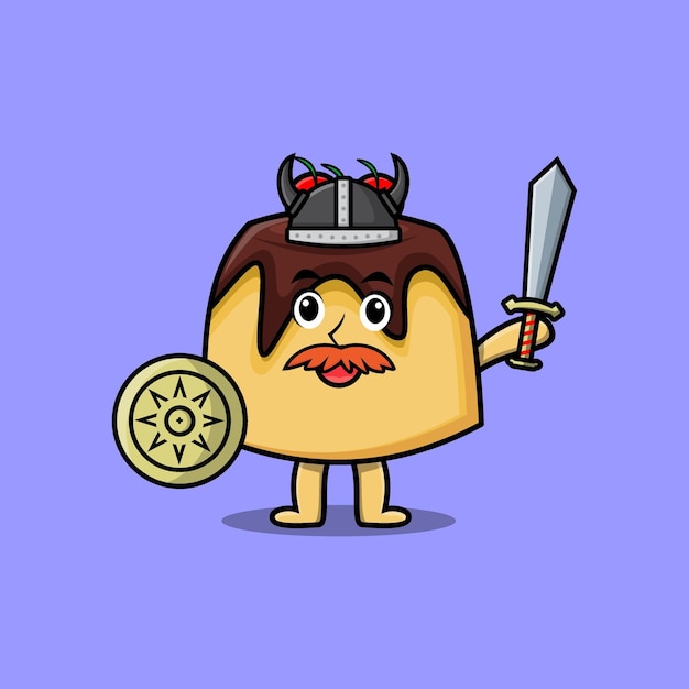 Cute cartoon character pudding viking pirate with hat and holding sword and shield