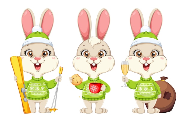 Vector cute cartoon character rabbit in green sweater