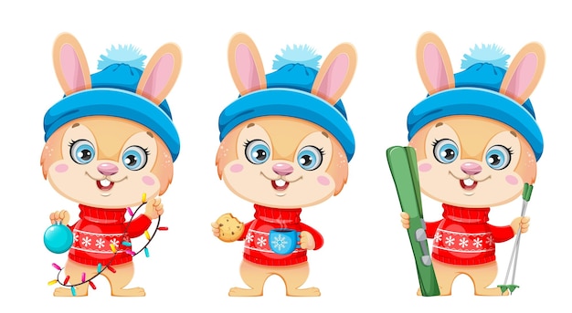 Vector cute cartoon character rabbit set of three poses