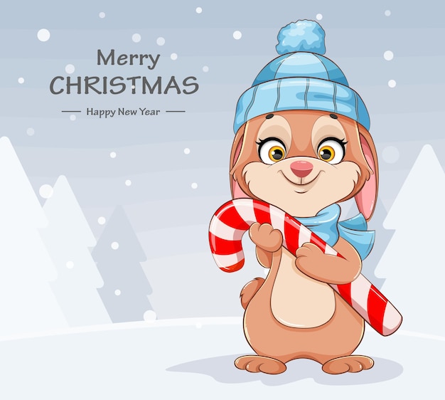 Cute cartoon character rabbit in warm hat