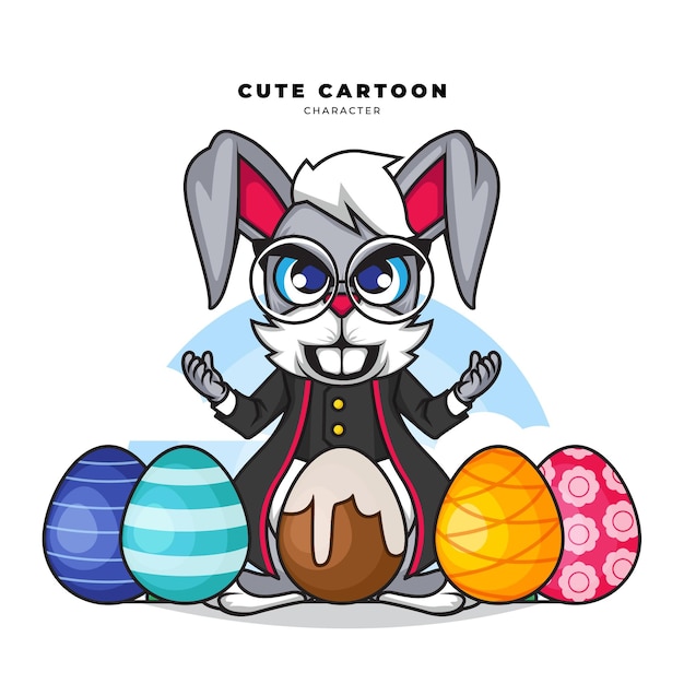 Cute cartoon character of rabbit with some easter eggs