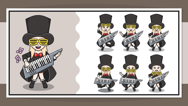 Vector cute cartoon character of rockstar girl playing piano guitar with step by step animation