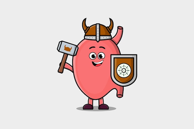 Cute cartoon character Stomach viking pirate with hat and holding hammer and shield