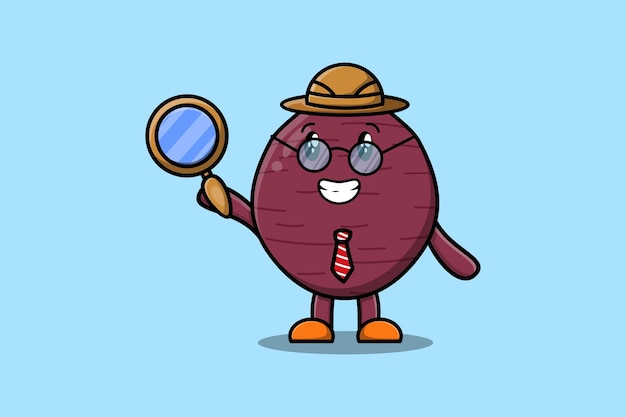 Cute cartoon character Sweet potato detective is searching with magnifying glass